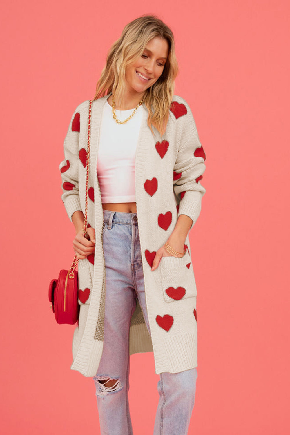 Heart Graphic Open Front Cardigan with Pockets-Angel Casuals