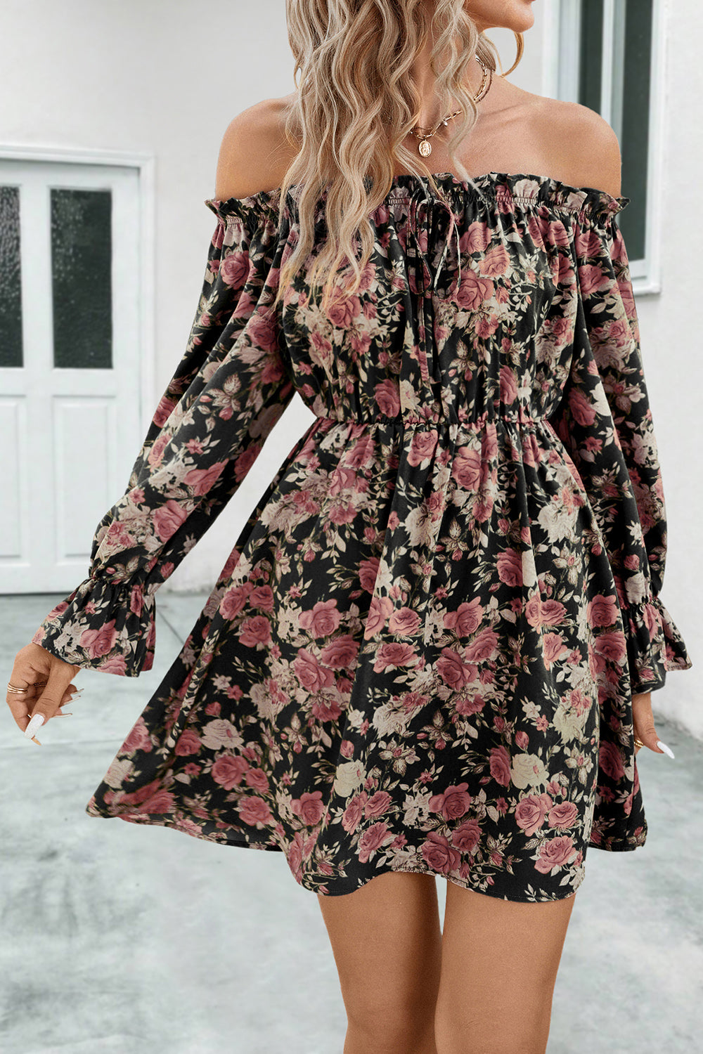 Floral Off-Shoulder Flounce Sleeve Dress-Angel Casuals