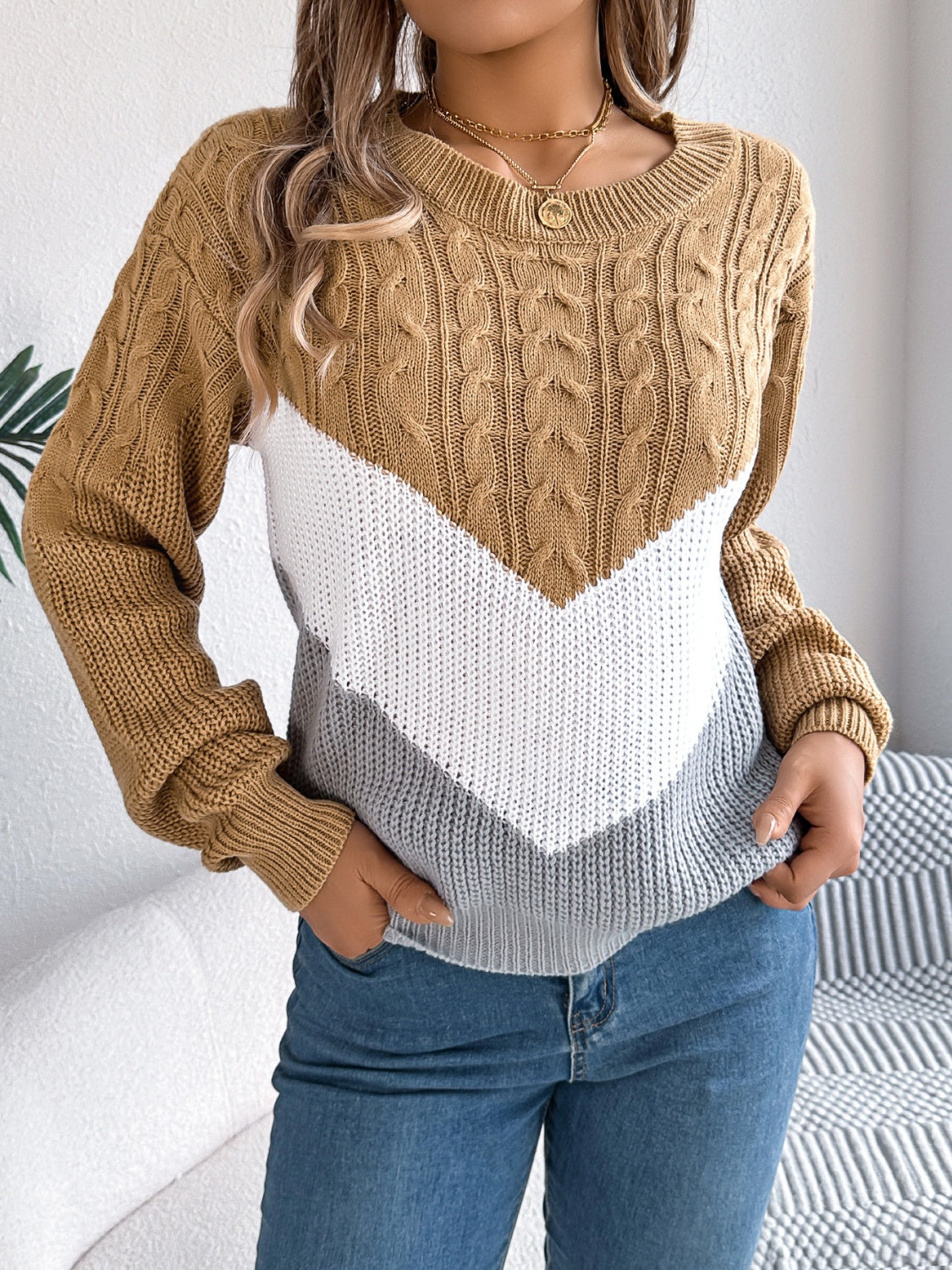 Cable-Knit Color Block Round Neck Sweater-Angel Casuals