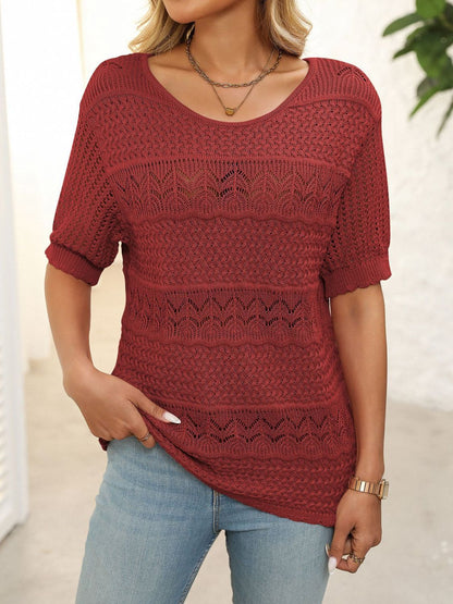 Mandy Openwork Round Neck Half Sleeve Knit Top-Angel Casuals