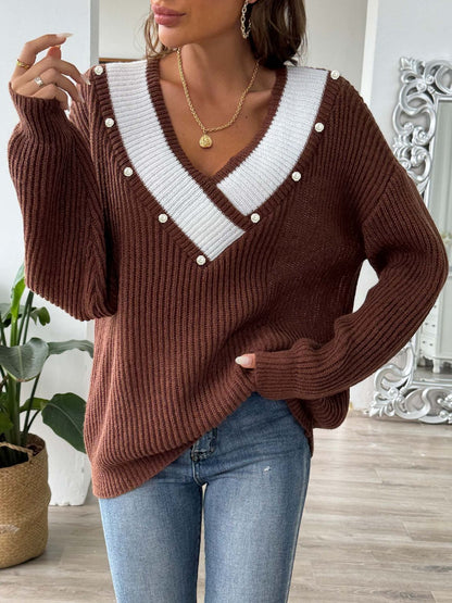 Contrast Trim Dropped Shoulder Long Sleeve Sweater-Angel Casuals