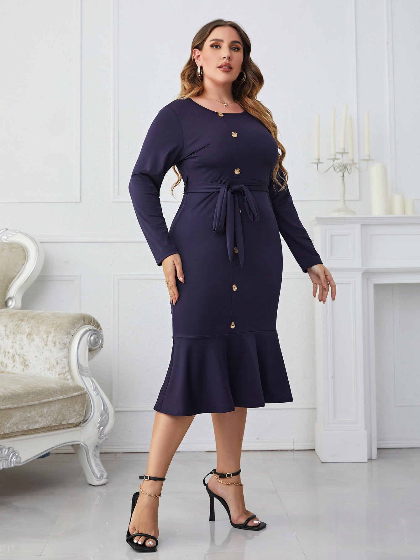 Melo Apparel Plus Size Buttoned Round Neck Tie Belt Midi Dress-Angel Casuals