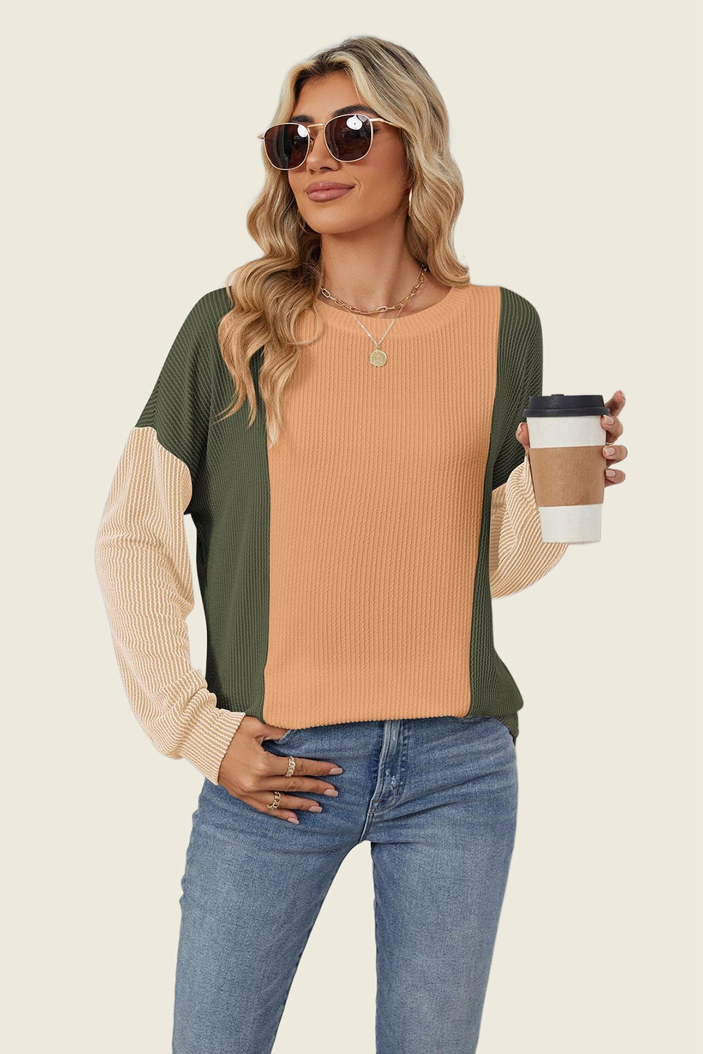 Double Take Texture Contrast Round Neck Long Sleeve T-Shirt-Angel Casuals