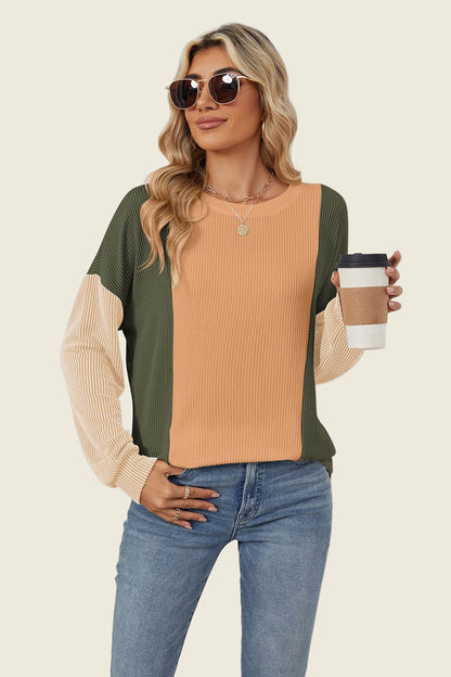 Double Take Texture Contrast Round Neck Long Sleeve T-Shirt-Angel Casuals