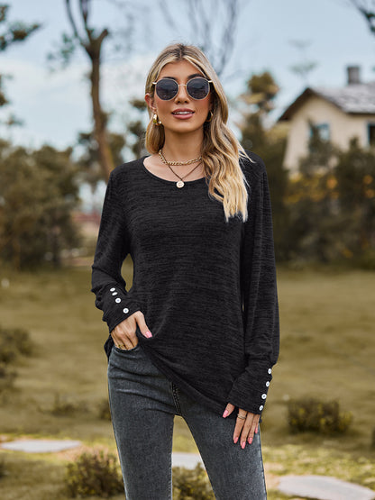 Round Neck Long Sleeve Buttoned T-Shirt-Angel Casuals