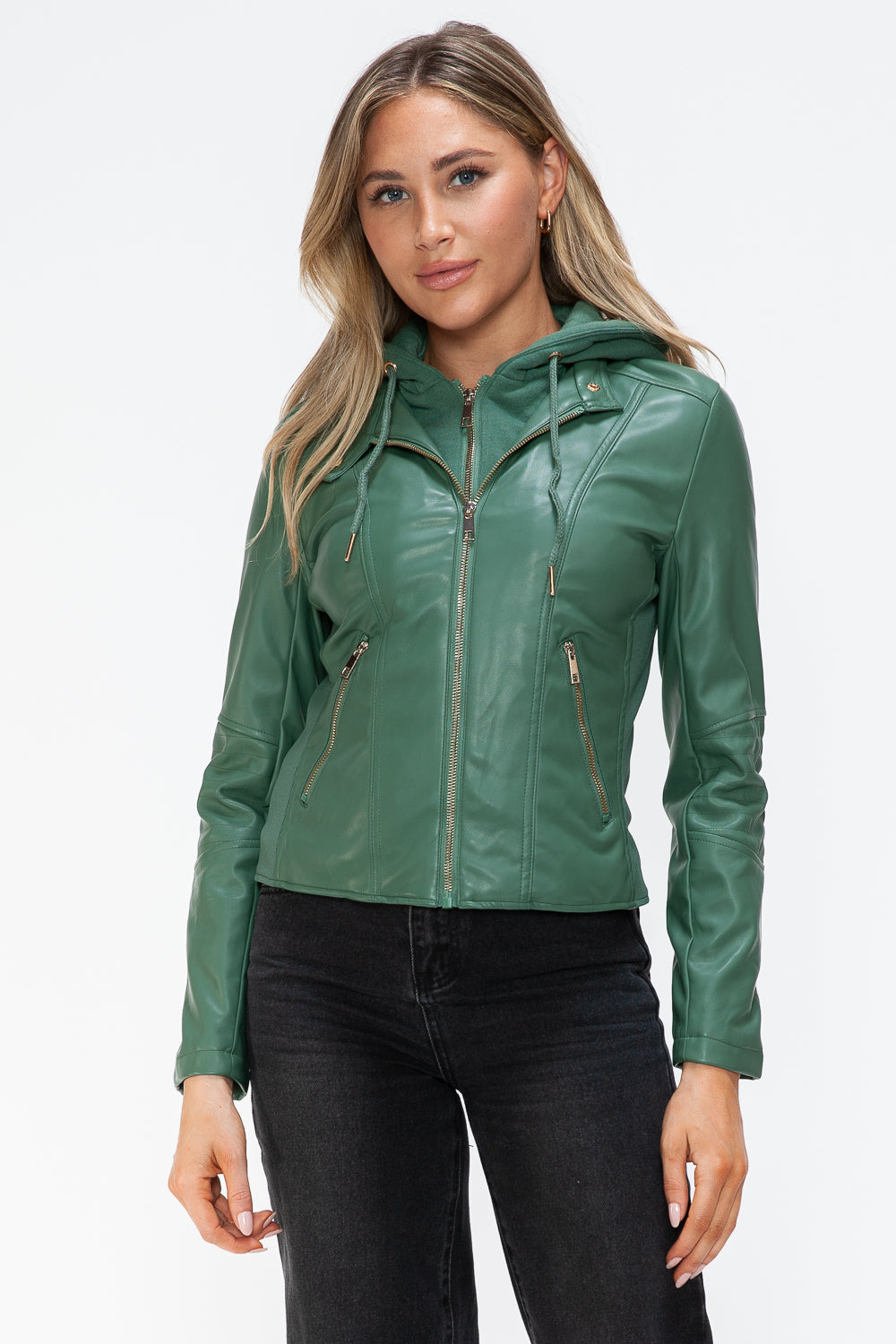 Snobbish Faux Leather Zip Up Drawstring Hooded Jacket-Angel Casuals