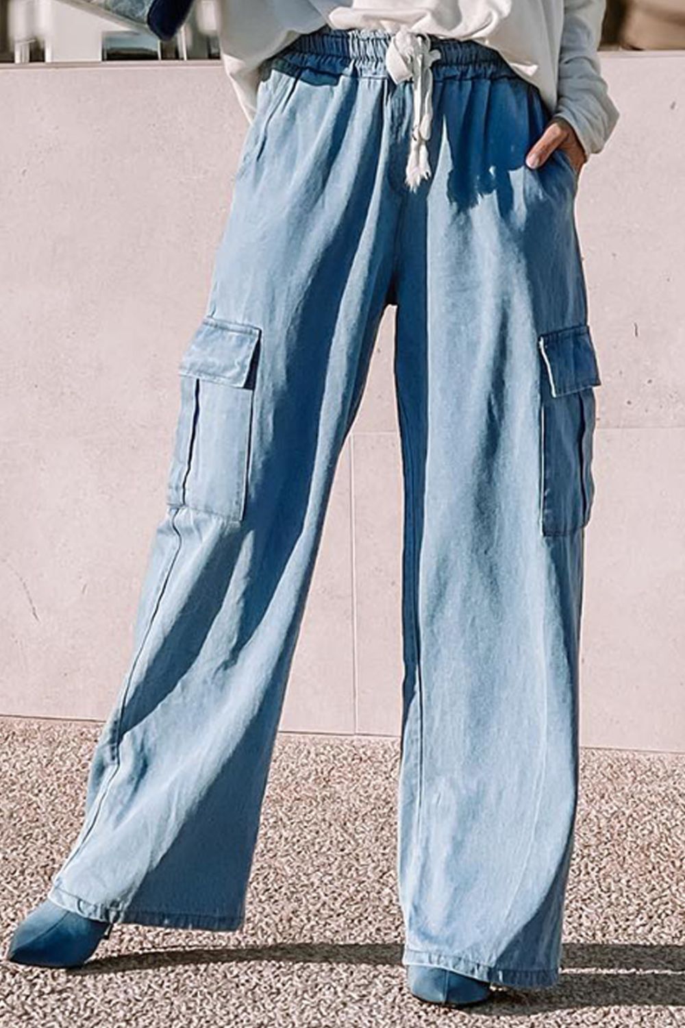 Drawstring Wide Leg Jeans with Pockets-Angel Casuals