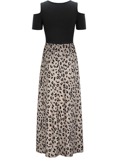 Leopard Round Neck Cold Shoulder Dress-Angel Casuals