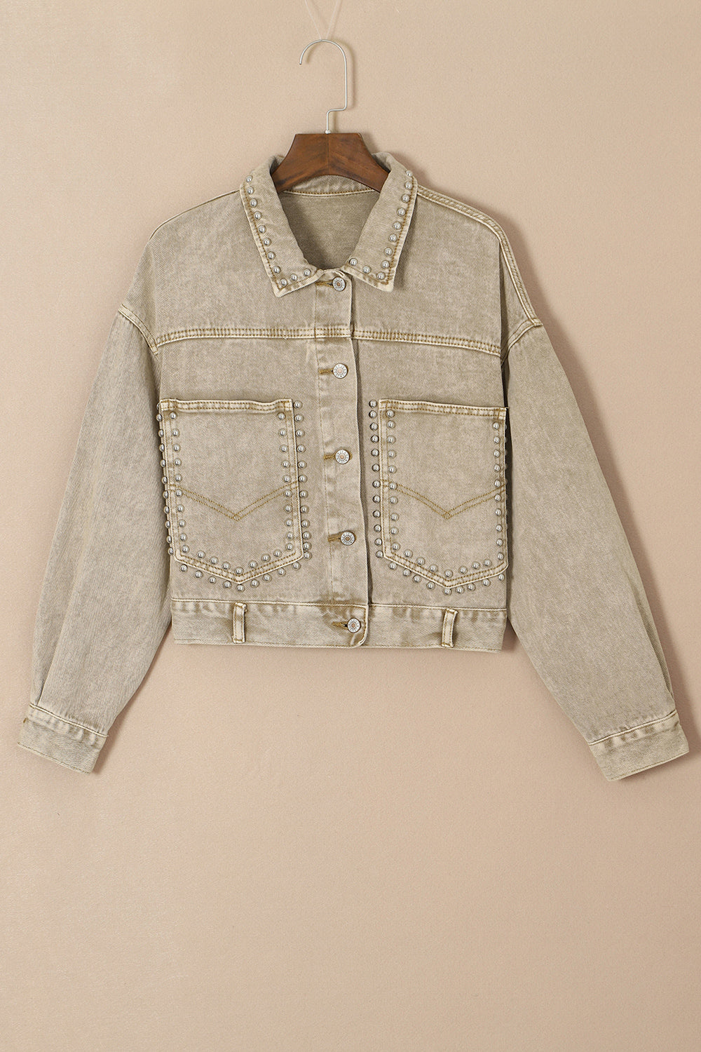 Studded Collared Neck Denim Jacket with Pockets-Angel Casuals