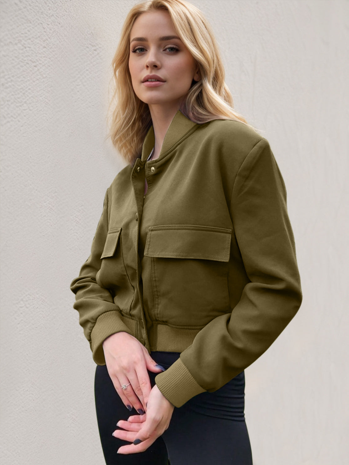 Pocketed Snap Down Baseball Collar Jacket-Angel Casuals