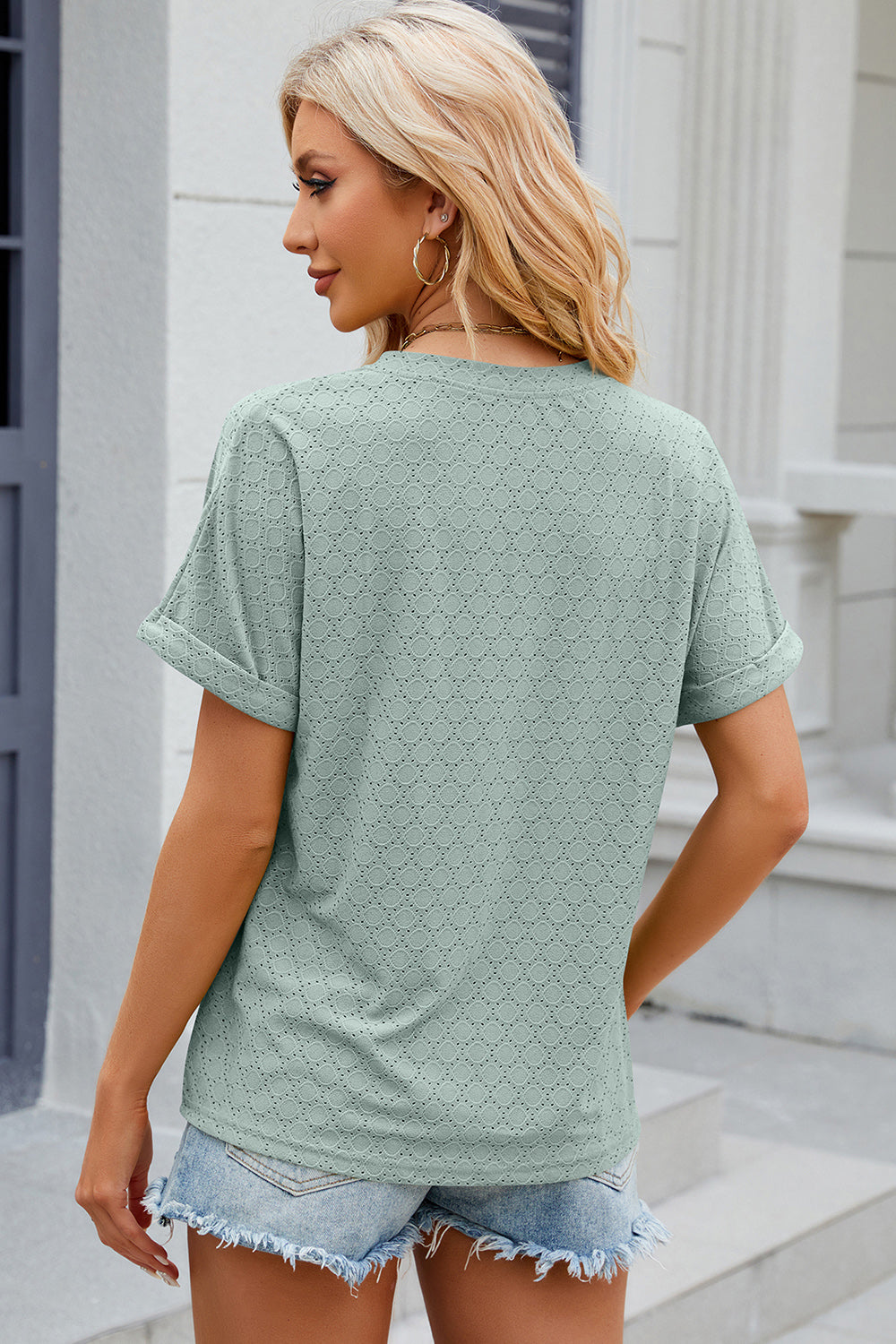 Eyelet Notched Short Sleeve T-Shirt-Angel Casuals