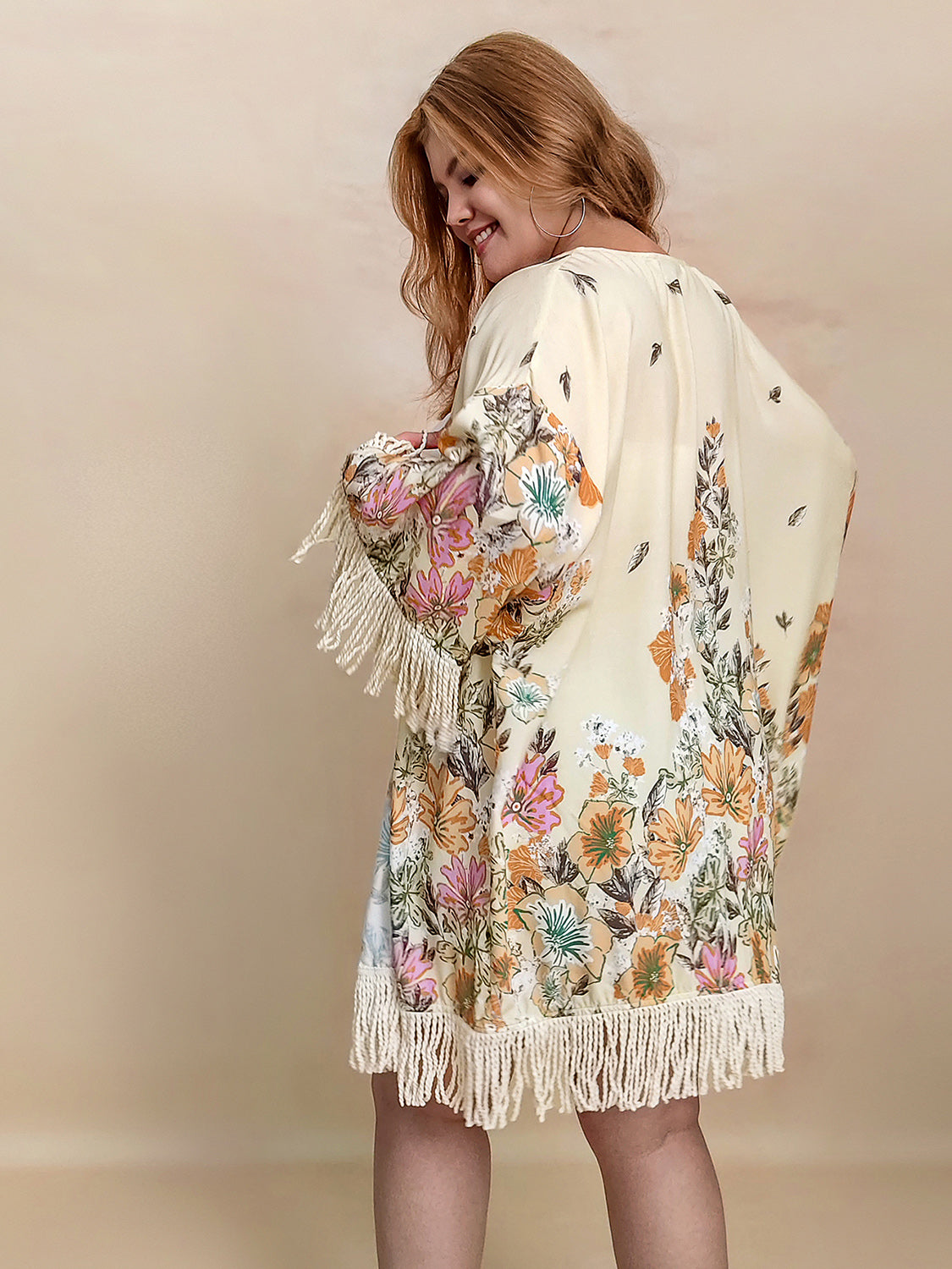 Plus Size Fringe Printed Open Front Cardigan-Angel Casuals