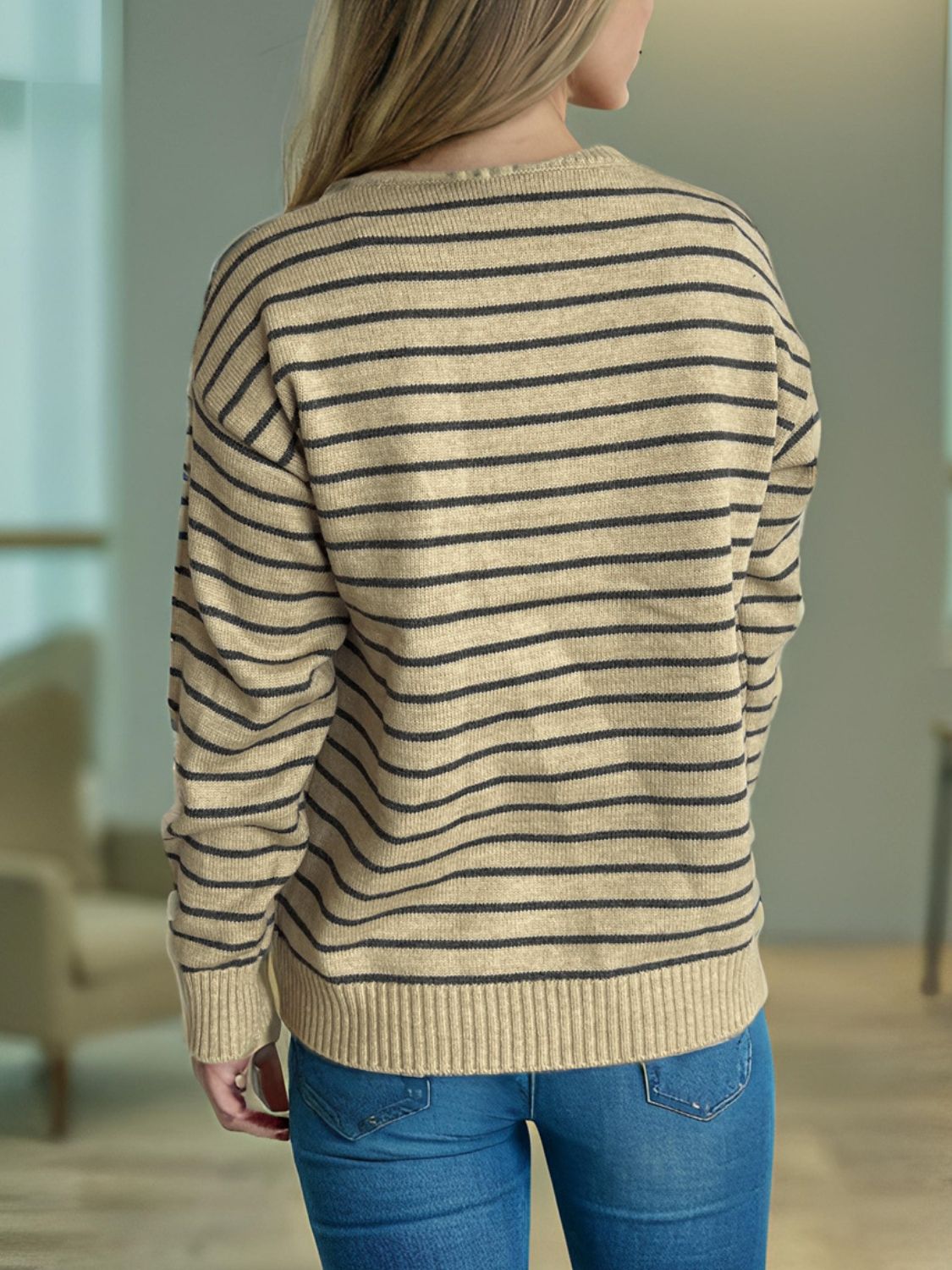 Striped Mock Neck Long Sleeve Sweater-Angel Casuals