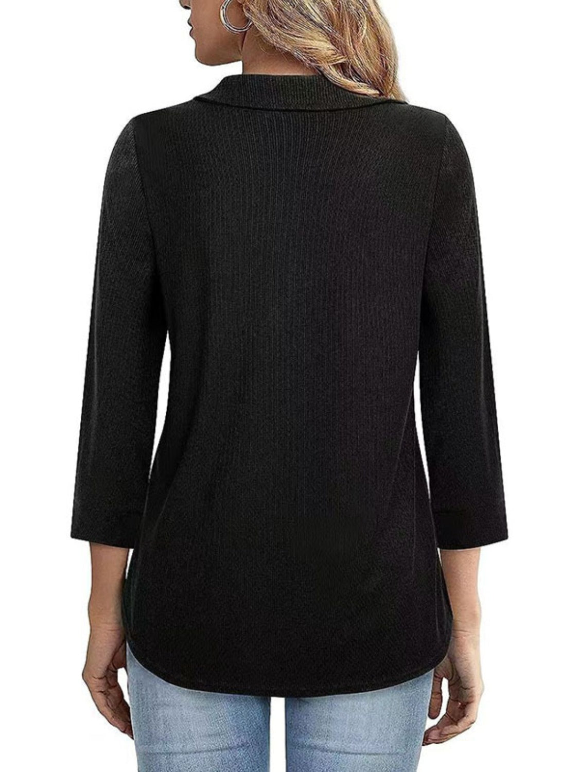 Half Zip Collared Neck Three-Quarter Sleeve T-Shirt-Angel Casuals