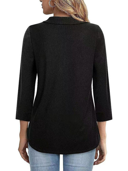 Half Zip Collared Neck Three-Quarter Sleeve T-Shirt-Angel Casuals