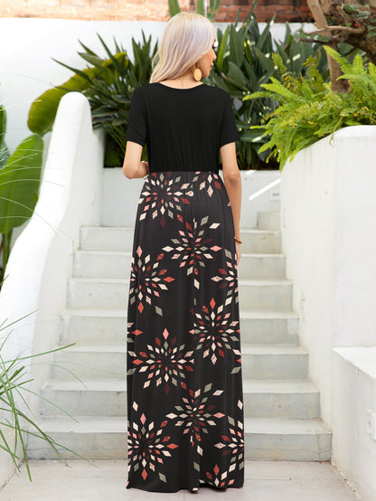 Printed Round Neck Short Sleeve Maxi Dress-Angel Casuals