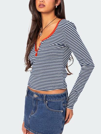 Buttoned Striped Long Sleeve T-Shirt-Angel Casuals