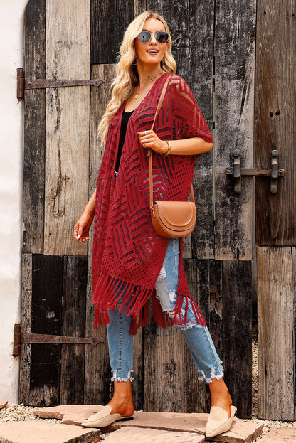 Openwork Open Front Cardigan with Fringes-Angel Casuals