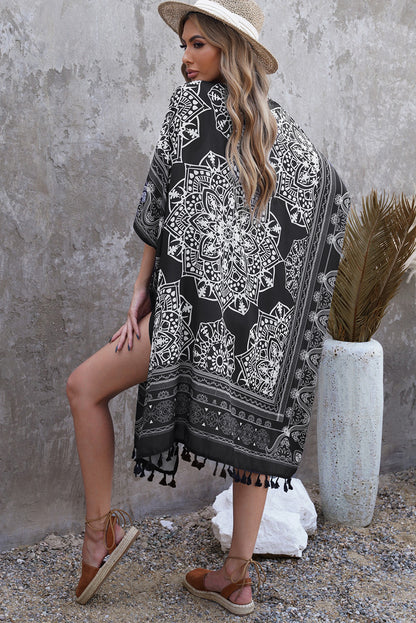 Printed Tassel Trim Open Front Cardigan-Angel Casuals