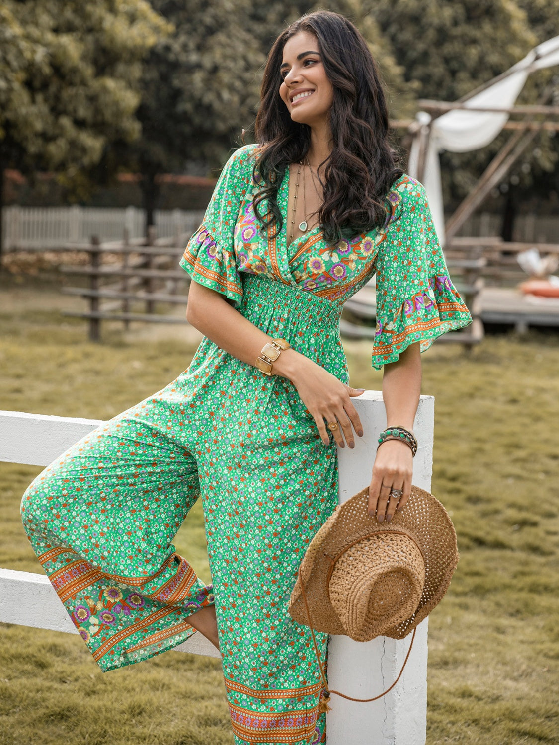 Floral Surplice Flutter Sleeve Jumpsuit-Angel Casuals