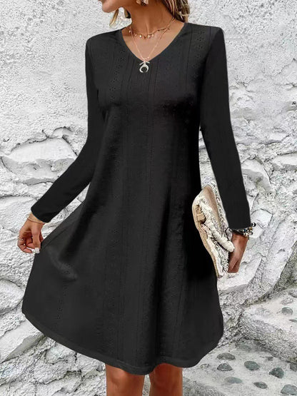 Eyelet V-Neck Long Sleeve Mini Dress-Angel Casuals