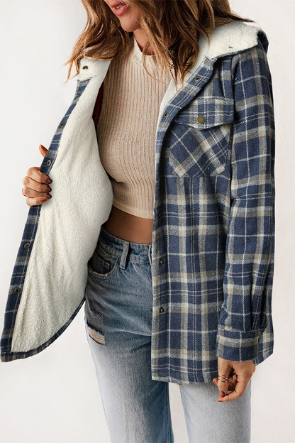 Plaid Snap Down Hooded Jacket-Angel Casuals