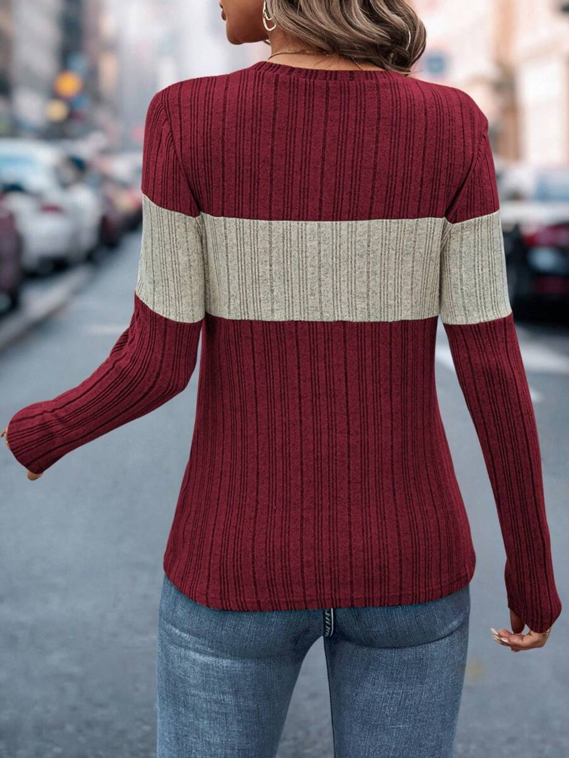 Color Block Round Neck Long Sleeve Top-Angel Casuals