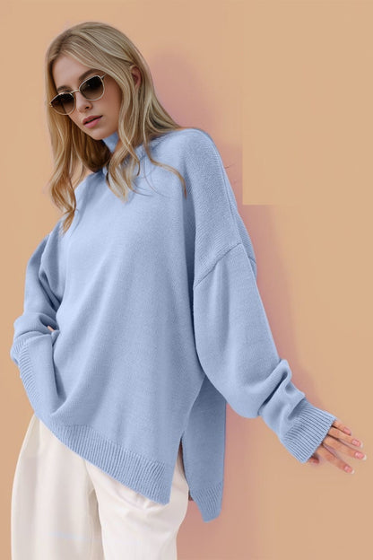 Basic Bae Side Slit Turtleneck Long Sleeve Sweater-Angel Casuals