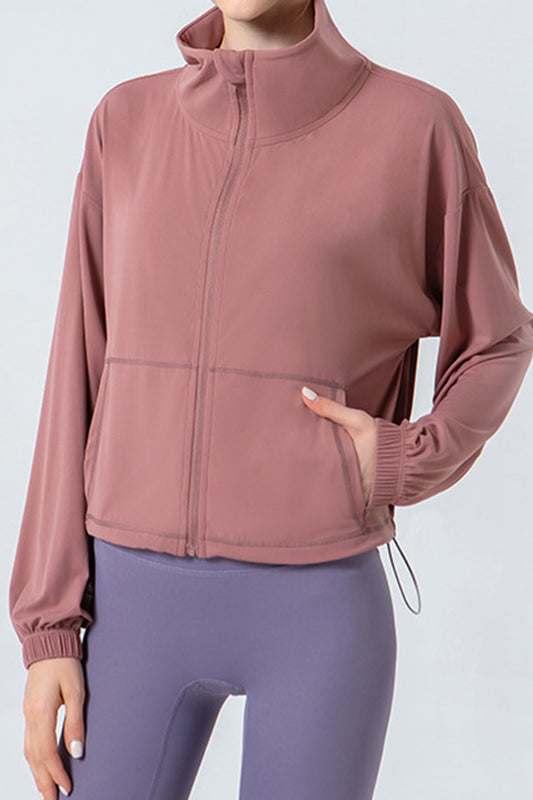 Drawstring Zip Up Dropped Shoulder Active Outerwear-Angel Casuals
