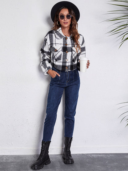 Plaid Button Front Jacket with Pockets-Angel Casuals