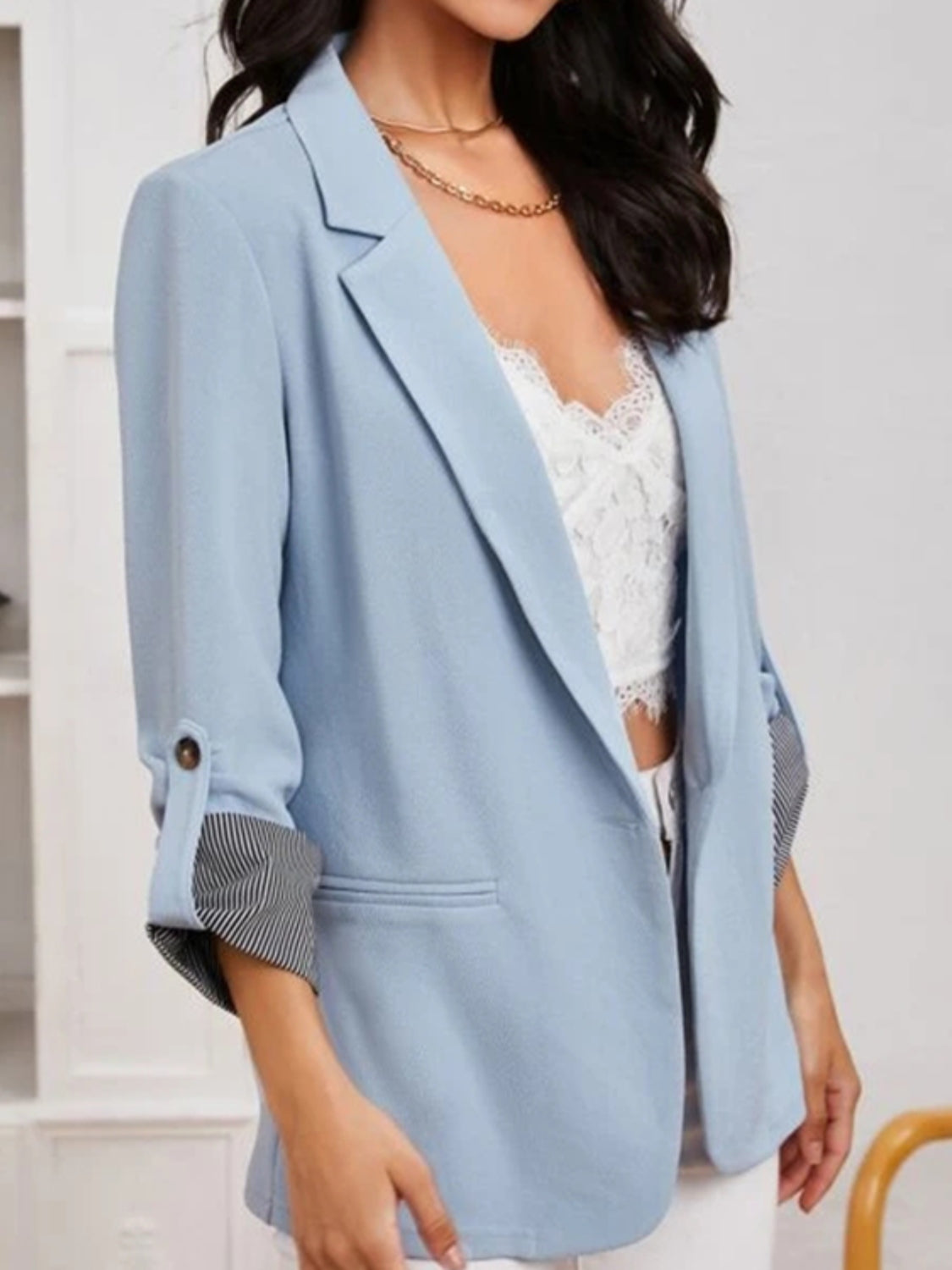 Lapel Collar Roll-Tab Sleeve Blazer-Angel Casuals