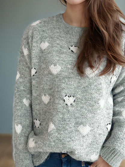 Heart Round Neck Long Sleeve Sweater-Angel Casuals