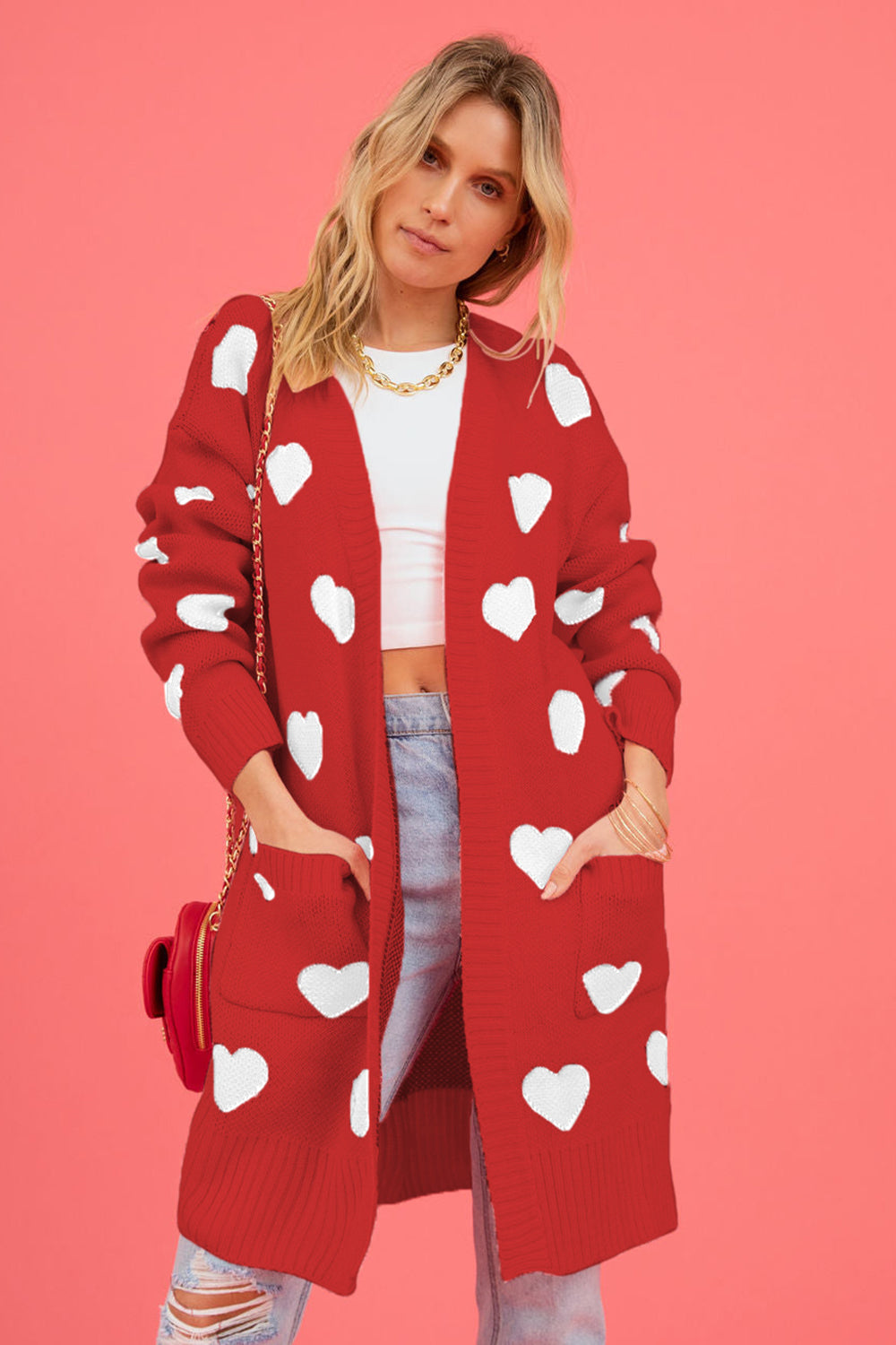 Heart Graphic Open Front Cardigan with Pockets-Angel Casuals