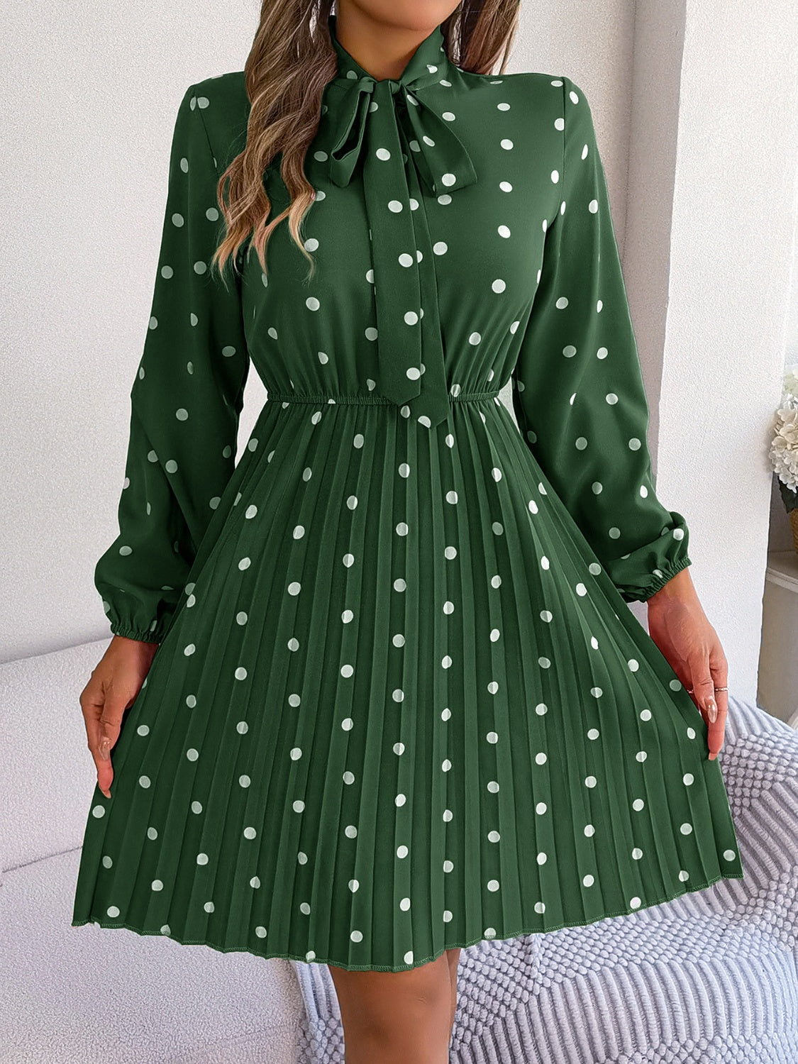 Polka Dot Tie Neck Pleated Dress-Angel Casuals