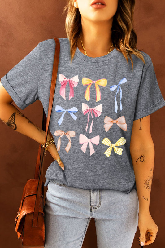 Bow Graphic Round Neck Short Sleeve T-Shirt-Angel Casuals