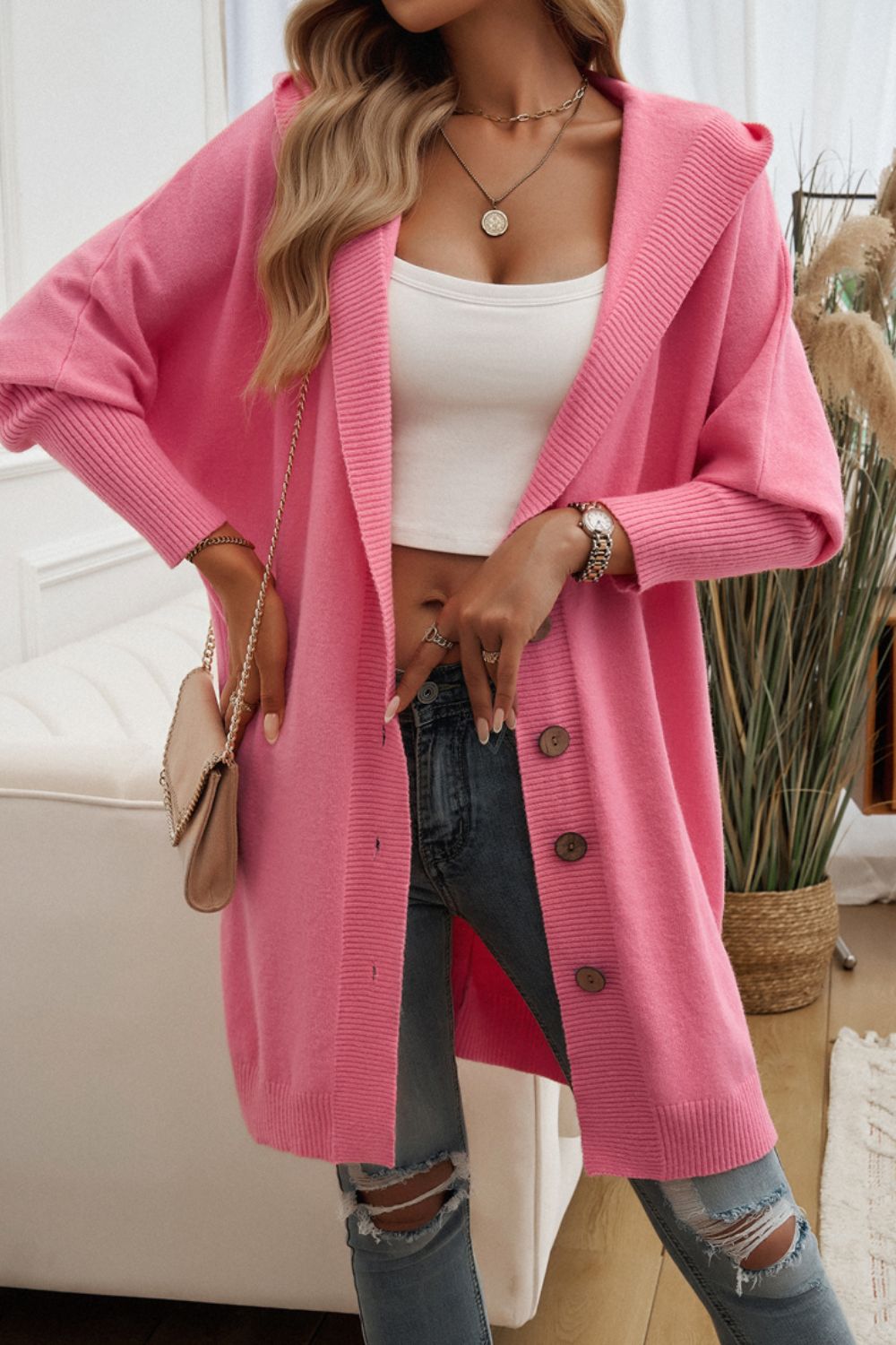 Devine Button Up Long Sleeve Hooded Cardigan-Angel Casuals