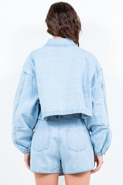 American Bazi Drawstring Waist Crop Denim Jacket-Angel Casuals