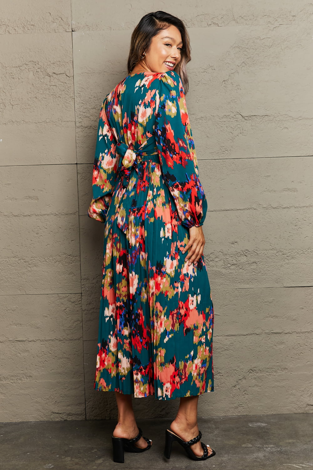 Printed Deep V Slit Pleated Dress-Angel Casuals
