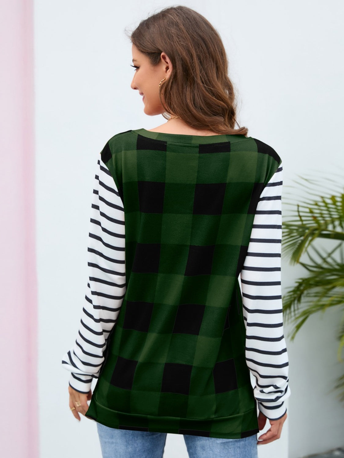 Plaid Striped Round Neck Long Sleeve T-Shirt-Angel Casuals