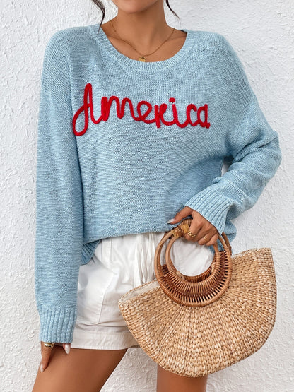 Letter Round Neck Long Sleeve Sweater-Angel Casuals