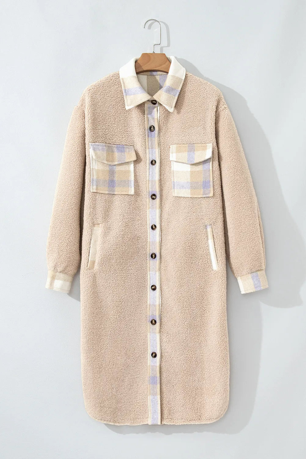 Slit Plaid Button Down Long Sleeve Coat-Angel Casuals