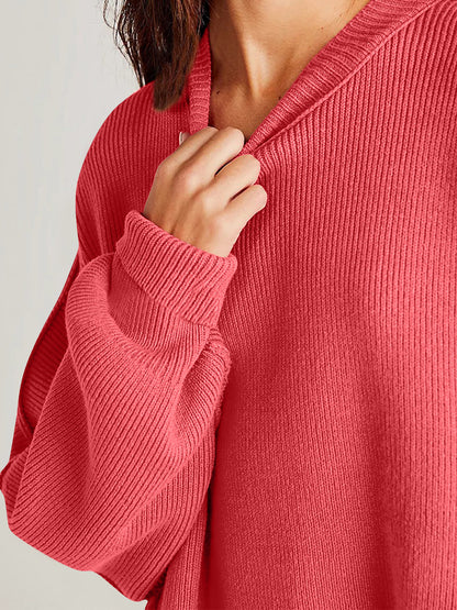 Double Take Side Slit Round Neck Long Sleeve Sweater-Angel Casuals