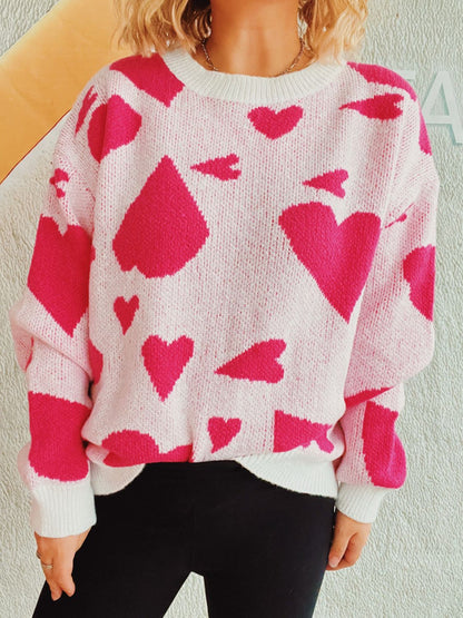 Heart Round Neck Long Sleeve Sweater-Angel Casuals