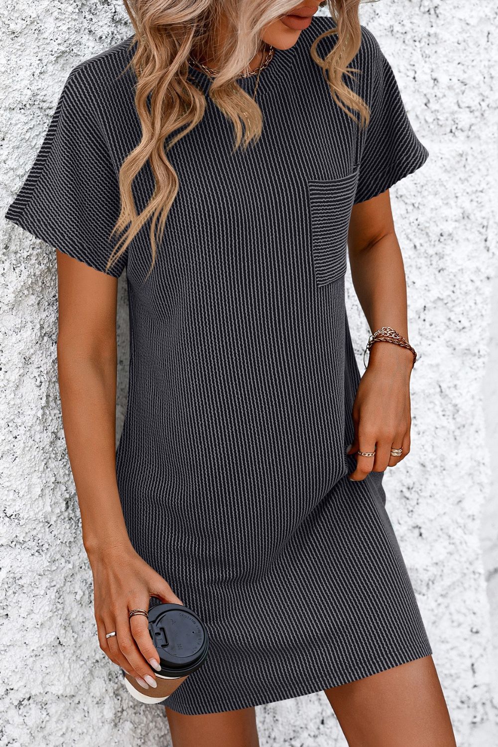 Ribbed Striped Short Sleeve Mini Tee Dress-Angel Casuals