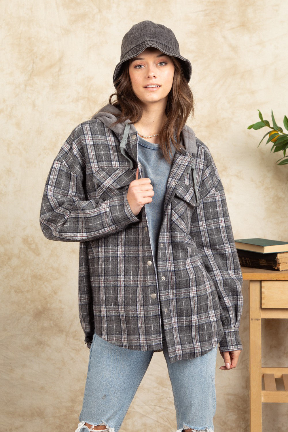 Drawstring Plaid Long Sleeve Hooded Jacket-Angel Casuals
