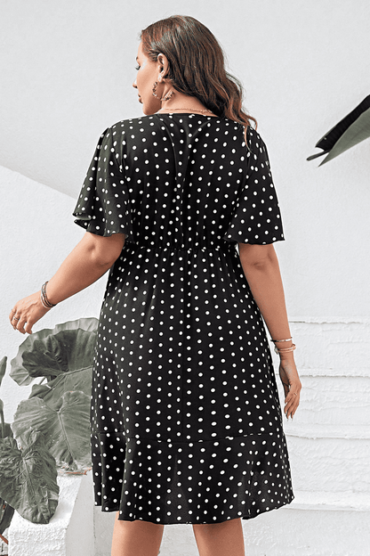 Plus Size Polka Dot Flutter Sleeve Dress-Angel Casuals