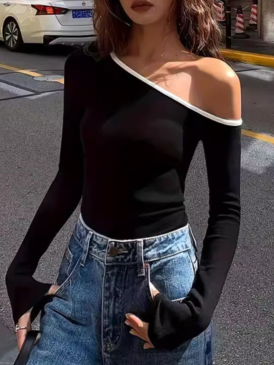 Contrast Trim One Shoulder Long Sleeve T-Shirt-Angel Casuals