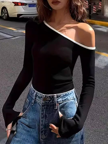 Contrast Trim One Shoulder Long Sleeve T-Shirt-Angel Casuals