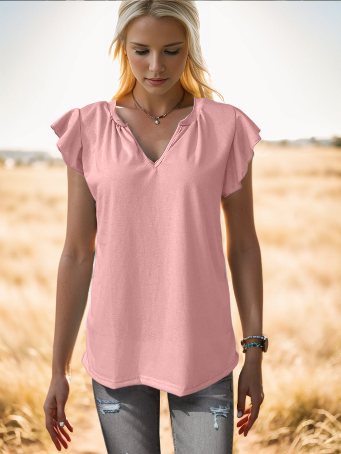 Ruffled Notched Cap Sleeve Tank-Angel Casuals