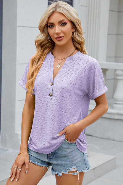 Eyelet Notched Short Sleeve T-Shirt-Angel Casuals